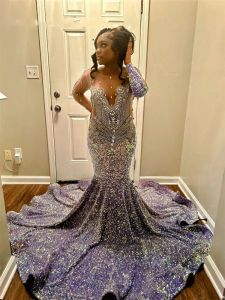 Lilac Sheer O Neck Long Prom Dress for Black Girls Beaded Crystal Diamond Birthday Party Downs Sequined aftonklänningar Robe DE