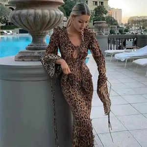 Основные повседневные платья леопардовые рюшиные платья женская весна/лето сексуальное кружево v-образное с длинными рукавами Bodycon Maxi платье женское вечеринка Vestidos J240527