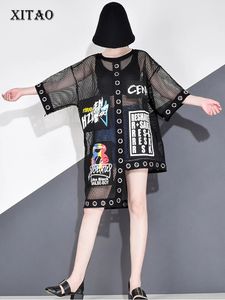 Xitao Hollow Out Splice Grid Women T Shirt Summer Streetwear Korean Style Clothes Print Letter Black Net Topps WBB3401 240521