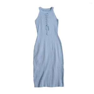 Casual Dresses Halter Neck Dress Elegant Lace-Up Mini för kvinnor stickad mantel med ihåliga detaljfester shopping