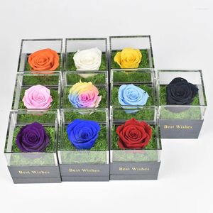 Kwiaty dekoracyjne zachowane świeże pudełko na biżuterię z róży kwiatowej z akrylową obudową i torebką na prezent urodzinowy dziewczyny
