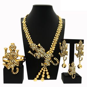 Fashion Woman Jewelry Set Big Leopard Necklace Plating Real Gold Pendant Animal Shape Bracelet Earrings African American SYHOL 240522