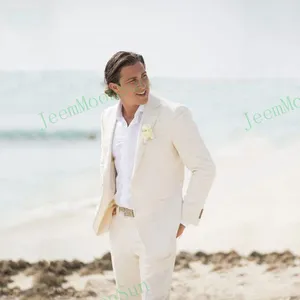 メンズスーツサマービーチアイボリーリネン結婚式のためのタキシードグルームウェアブリデグルームスリムフィットカジュアルマンブレザー（ジャケットパンツタイ）
