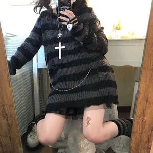 Men's Sweaters Over Size Grey Striped Gothic Lolita Sweaters Women Ripped Holes Loose Knitted Y2k Hollow Out Broken Emo Punk JK Girl Streetwear Q240527