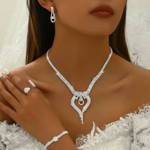 4 Piece Marquise Rhinestone Cubic Zirconia CZ Bridesmaids Statement Choker Necklace Dangle Earrings Link Bangle Bracelet Set for Bride Party Costume Jewelry