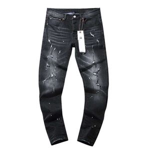 Mäns jeans toppkvalitet lila roca märke jeans high street trendiga märke retro antik fläckiga svarta jeans mens perforerade mode tights j240527