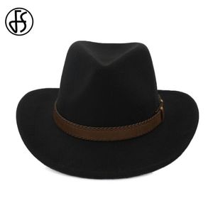 FS 2020 Ladies Winter Cotton Black Vintage Trible Felt Fedora Hat For Men Wide Brim Cowboy Style With Leather Belt Jazz Cap 230U