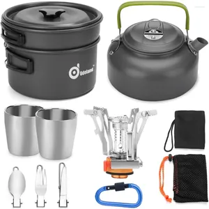 Полога наборам Odoland 12pcs Camping Mess Kit с мини -плитой легкой чайник горшок с 2 чашками.