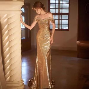 2024 Sexy Arabic mermaid Prom Dresses sequined Gold Crystal Beaded off shoulder Sweetheart Evening Dress gold Mermaid Formal Party Gowns mother of the bride dress
