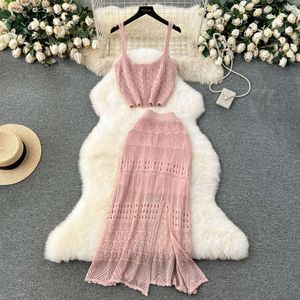 Early Spring Korean Style Dressing Set with Vacation Style Suspended Tank Top Design Sense Hollow out Split Half Skirt Fashion Two Piece Set
