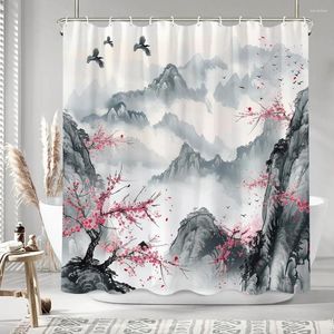 Tende per doccia cinese dipinto di inchiostro tende per tende rosse di prugna di montagne nebbiose decorazioni da bagno in tessuto poliestere