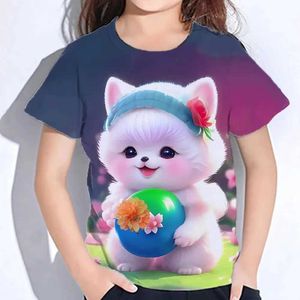 T-shirts T-shirts Girls Summer Clothing Cute Fur Cat Print Childrens Kort ärm T-shirt från 8 till 10 år gammal WX5.27