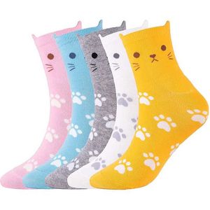 Men's Socks 5 Pairs Cartoon Animal Socks Cat Cute Women Fashion Colorful Kawaii Print Candy Color Cotton Women Crew Socks Cat Ear Paw Socks Y240528