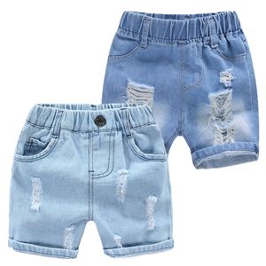 Çocuk yaz bebek moda yırtılmış pantolon çocuklar diz pantolon çocuk gündelik denim jeans 2024 bebek elastik bel şortları l2405