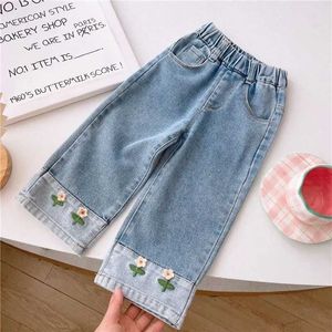 Jeans jeans recém-nascidos moda bebê menina algodão flor bordada jeans de pernas largas bebê e criança jeans de jeans de bebê 12m-10y wx5.27