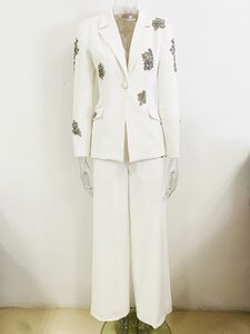 2024 Summer White Beads Crystals Women's Two Pieces Pants Designer Lapel Neck Luxurious Women's Suit And Long Pants 2 pieces 52816