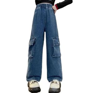 Trousers Girls Cargo Jeans Solid Color Girl Jeans Child Casual Style Kid Jeans Teenage Children Clothing 6 8 10 12 14 Y240527