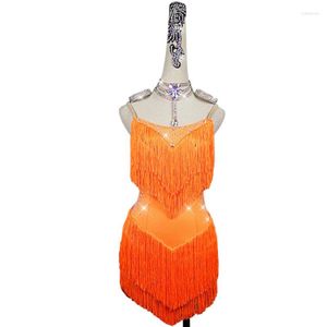Scena odzież 2022 Kobiety łacińska sukienka taneczna pomarańczowa seksowna frędzla błyszczącego krysztarnika Lady salsa chacha standardowe kostiumy na zamówienie 299V