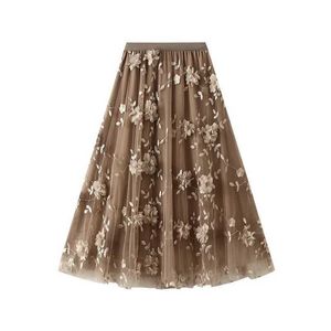 スカート女性のための堅実なカジュアルメッシュスカート204夏のヴィンテージレディースフローラル刺繍ミディスカート
