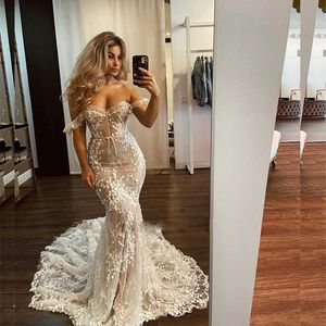 Romantik Dantel İllüzyon Korse Koruma Düğün Zarif 3d Çiçek Elbise Gelin Off Omuz Deniz Kızı Gelin Elbise
