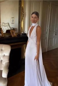 Sexy white satin formal wedding dresses with halter deep V-neck backless floor-length bridal gowns party dress Dubai Saudi Arabian dress