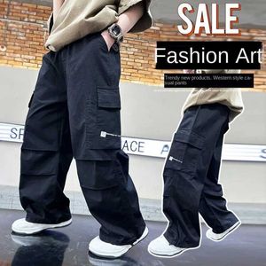 Trousers Childrens loose casual Trousers summer solid pocket cargo pants childrens clothing Fanshion breathable straight wide leg pants 6-15y Y240527