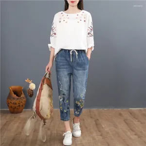 Women's Jeans 2024 Summer Fashion Style Ladies Vintage Embroidery Women Casual Floral Denim Trousers Ripped Harem Pants