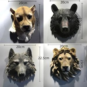 Nordic Retro 3D Animal Head Wall Hang Lifelike Resin Decoration Wolf Tiger Leopard Lion Bear Mural Wildlife Sculpture Ornaments 240528