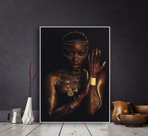 Black and Gold Nude African Woman with Necklace Canvas Painting Posters and Print Scandinavian Wall Art Picture for Living Room5699870