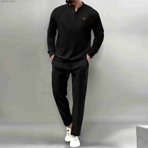 Tracki męskie Spring New Men Casual Suit Style Fashion Waffle Henry Shirt Top Long Rleeve Spodni dwuczęściowy zestaw Q240528