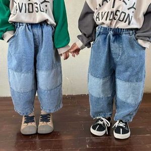 Trousers Autumn Boys and girls fashion patch loose jeans Unisex Kids loose all-match casual denim pants Y240527