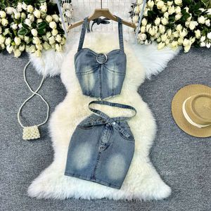 Summer pure desire spicy girl small stature denim set with a hanging neck denim vest and a short skirt with a buttocks covering two-piece set