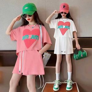 T-shirts kläder set flickor sommar casual bomull 2 ​​st koreansk t-shirt+byxuppsättning 5-13 år gamla barn dagliga gatekläder barns modekläder set wx5.27