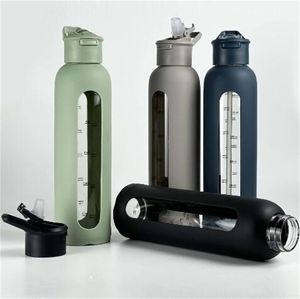 Silicone cover glasses water bottle large capacity flip tumbler cup with scale straw portable handheld travel cups simple grey black blue 20 9ks