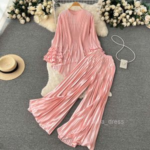 Spring and Autumn Design Sense Holiday Suit Womens Irregular Bubble Sleeve Loose Top+Two Piece Pleated Wide Leg Pants