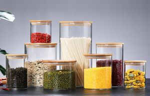 Прозрачные стеклянные канистры для хранения пищи закварают банки бутылки для песчаной жидкости, экологически чистые с бамбуковой крышкой, многочисленные