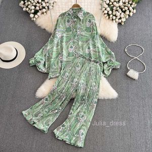 Fashion set womens loose lantern sleeves printed shirt two-piece set casual high waisted pleated cropped pants spring