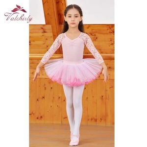 Dancewear New Pink Ballerina Costume Kids Dance Letard Tutu Dress Sleeves Longo Flower Lace Dance Awear para meninas Y240524