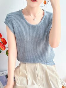 Womens Ice Silk KnittedShort sleeved Summer Fashion Round Neck Sleeveless Cover Up Solid Color Short Cut Hollow Tees 240518