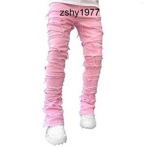 Mens Jeans Stacked Pants Hirigin Regular Fit Patch Distressed Destroyed Straight Denim Pants Streetwear Clothes Casual Jean