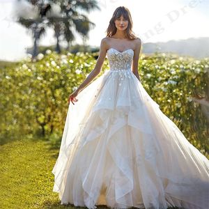 Elegantes A-Line-Hochzeitskleid 2024 Schatz 3d Blumen Rüschen Tüll Bridal Braut Kleid Vestidos de noiva Heißverkauf Customed