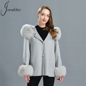 jxwatcher women's Cashmere Coat Real Fox Fur Collar and Real Fur Cuffs Ladies Long Full Sleeves Solid Color Trench Coat 2022 New