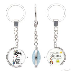 Keychains & Lanyards Fashion Kids Autism Awareness Double Sided For Children Boys Girls Glass Cabochon Key Chains Inspirational Jewel Dhy4G