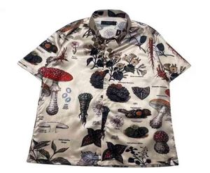 Camisa de manga curta de seda estampada de cogumelos de ervas para homens e mulheres9998749