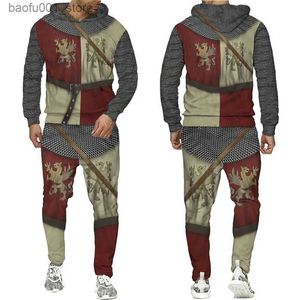 Traccetti da uomo 2024 VENDITA CALDA Heraldic Leon Tattoo Templar Knight Armor Due pezzi set 3D pantaloni con cappuccio di moda stampato 3D vestito da uomo vestito da uomo Q240528