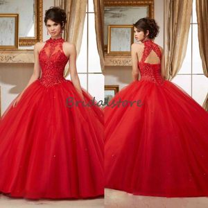 Sexy Red Quinceanera Dresses High Neck Lace Appliques Ball Gown Prom Party Gowns 2020 Open Back Corset Brithday Sweet 16 Dress 2020 328Y