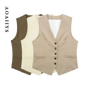 aoaiiys vest women linen wistcoatファッションシングル胸肉vintage vネックノースリーブ女性アウターウェアホワイトシックベスト240527