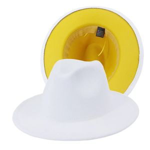 Cappelli da fedora giallo interno bianco esterno Donne all'ingrosso Wide Brim lana Fedora 2 cappelli a due toni da uomo e donna jazz party cappriple 240528