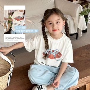 Barnkläder barn tecknad tryck söt mönster t-shirt 2024 sommar flickor koreansk stil båge kort ärm avslappnad thir l2405
