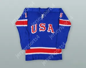 Пользовательский Tim Sheehy 15 USA Национальная команда Blue Hockey Jersey Top Shinked S-M-L-XL-XXL-3XL-4XL-5XL-6XL